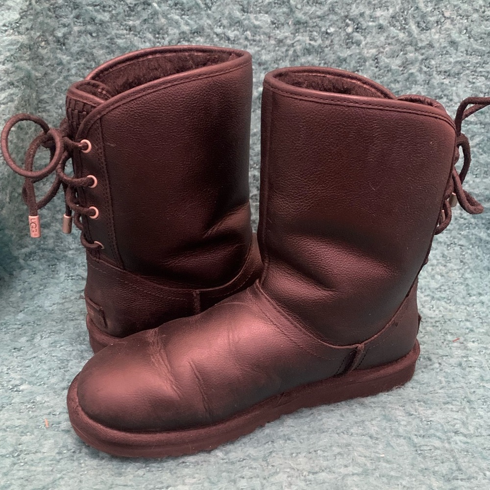 EUC black leather corset lace up ugg boots